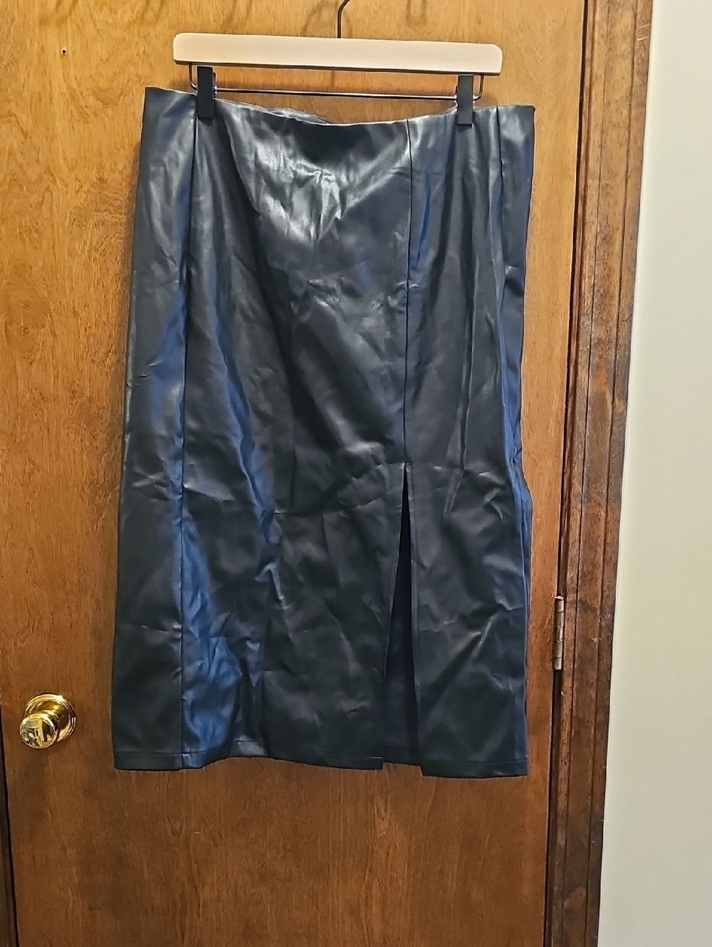 Black Faux Leather High Waist Skirt with Front Slit